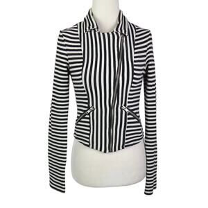 Olsenboye Black and White Striped Knit Moto Zip Jacket M